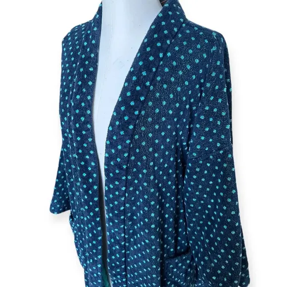 Vintage 90s Bill Blass Terry Cloth Robe w/ Belt Navy Blue Teal Polka Dot OS