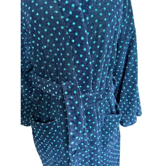 Vintage 90s Bill Blass Terry Cloth Robe w/ Belt Navy Blue Teal Polka Dot OS