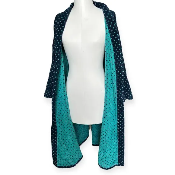 Vintage 90s Bill Blass Terry Cloth Robe w/ Belt Navy Blue Teal Polka Dot OS