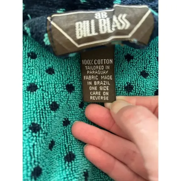 Vintage 90s Bill Blass Terry Cloth Robe w/ Belt Navy Blue Teal Polka Dot OS