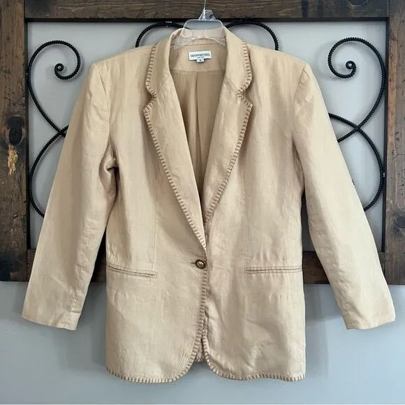 Vintage Henri Bendel Linen Boxy Beige Tan Button Blazer Size 4