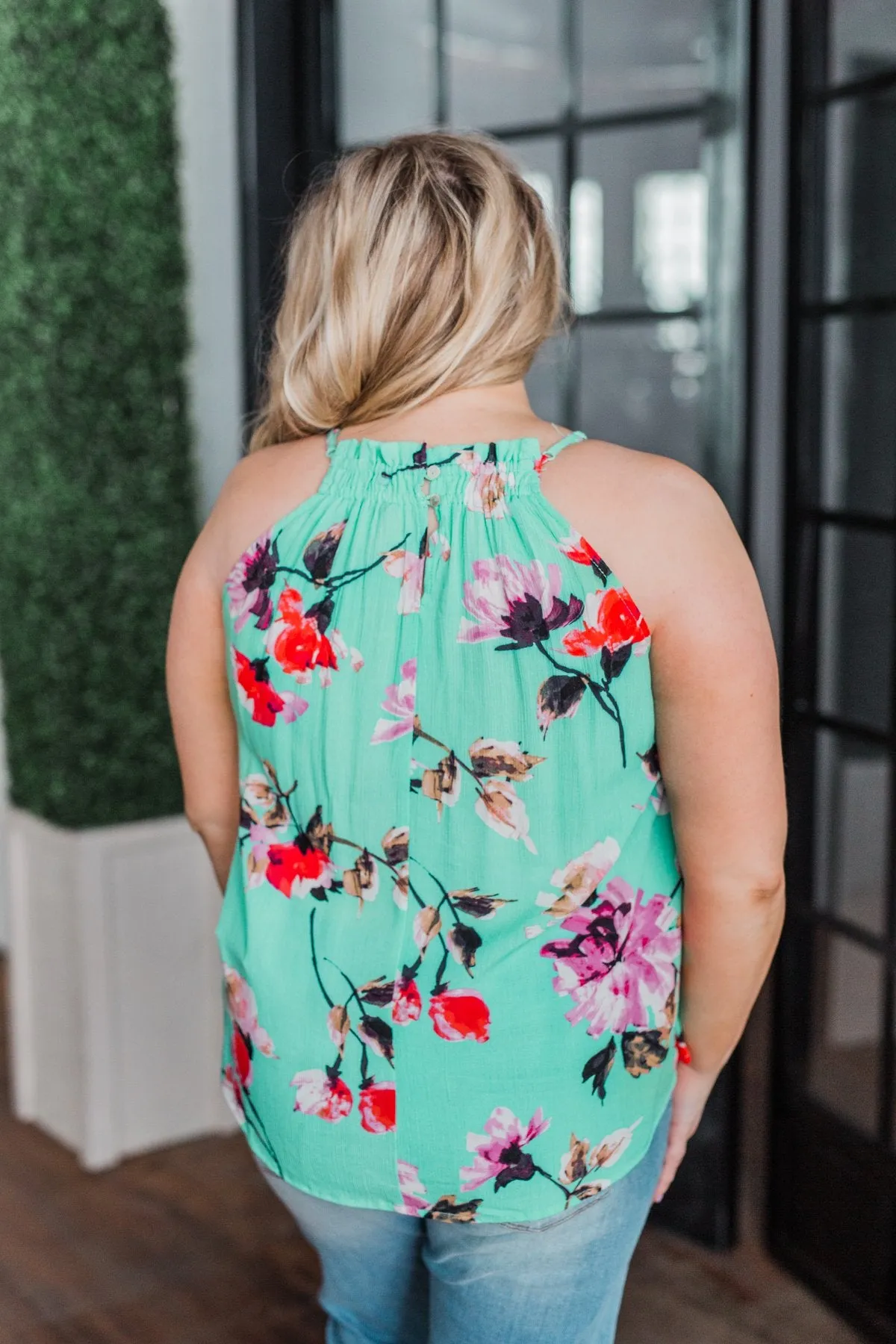 What A Life Floral Tank Top- Mint Blue
