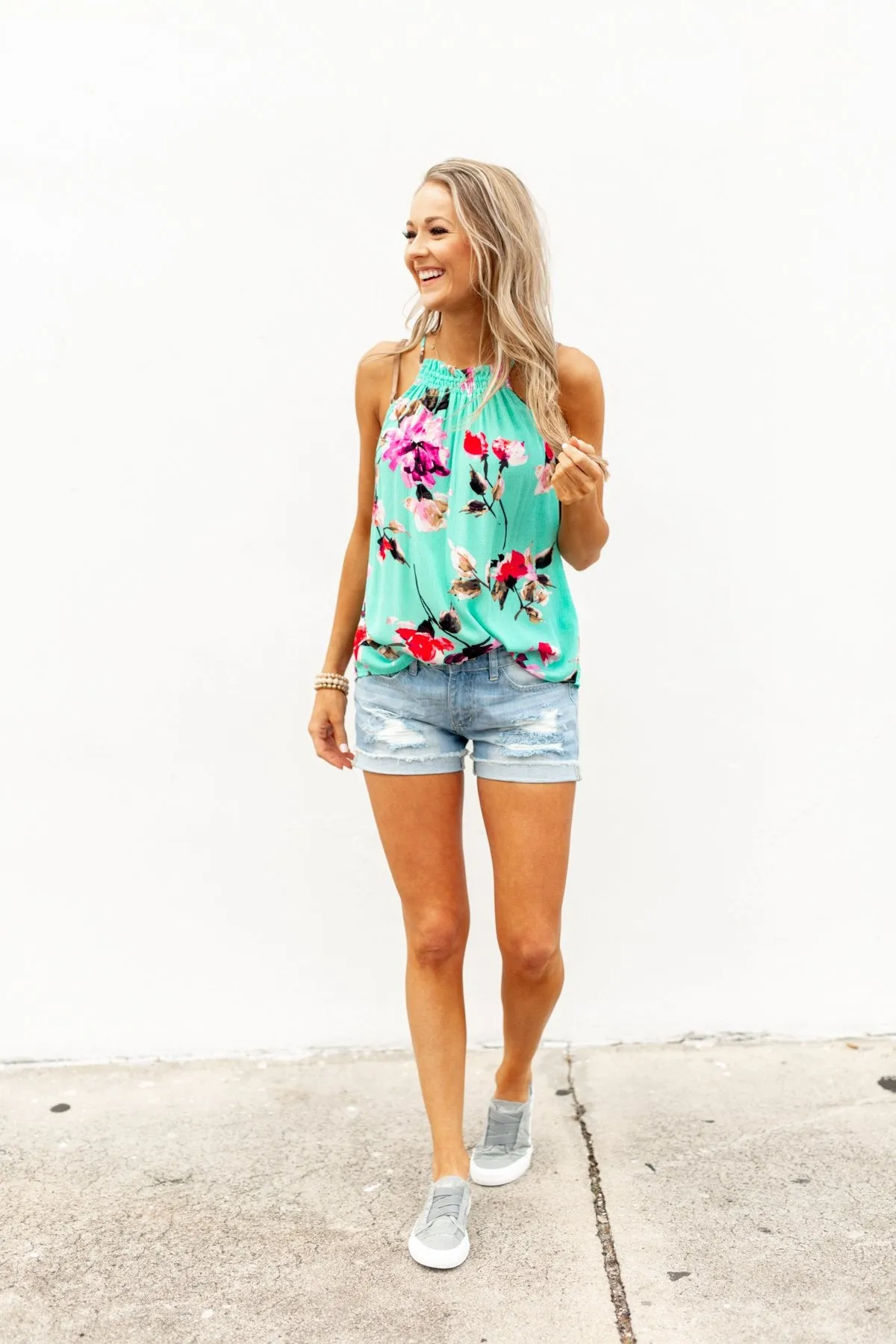 What A Life Floral Tank Top- Mint Blue