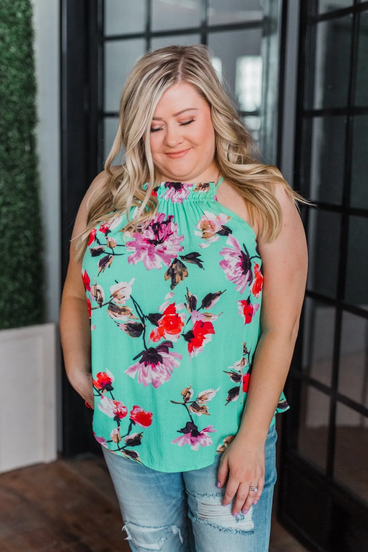 What A Life Floral Tank Top- Mint Blue