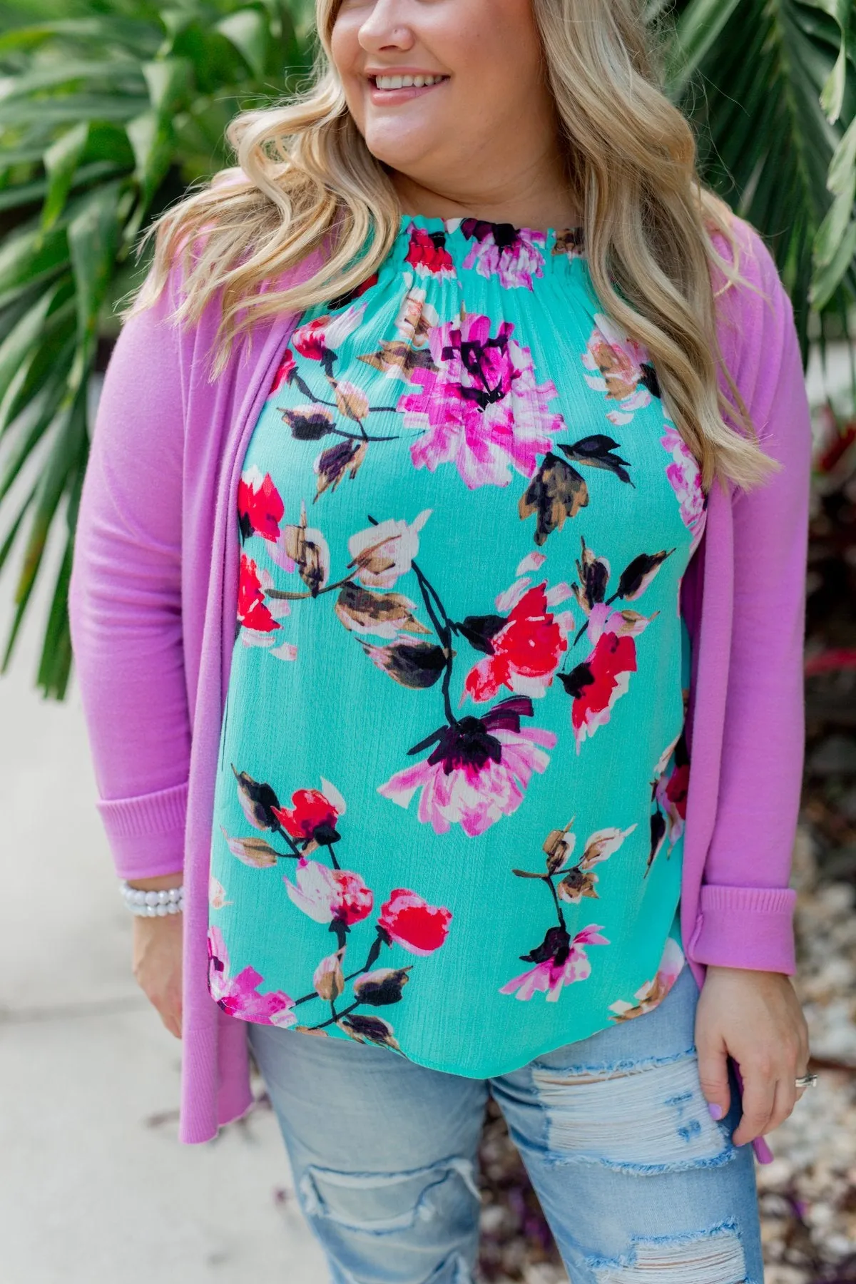 What A Life Floral Tank Top- Mint Blue