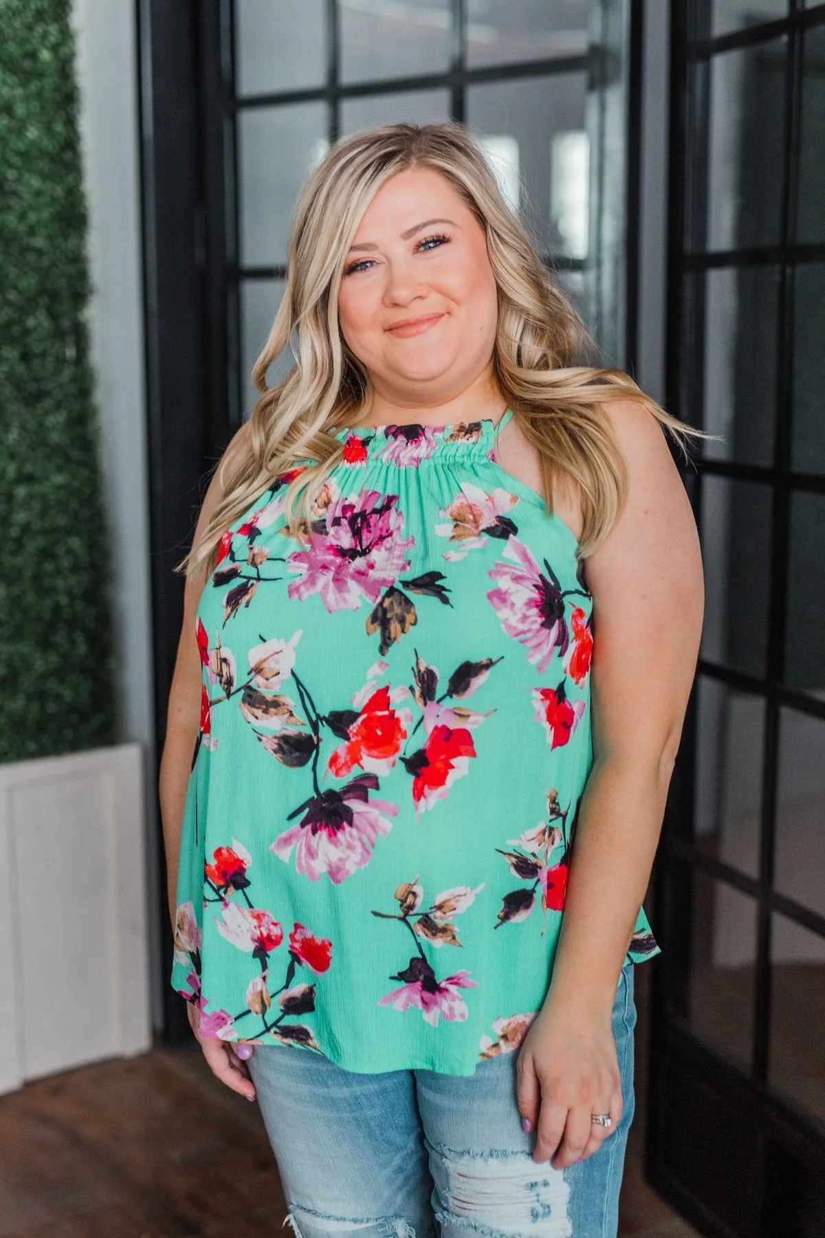 What A Life Floral Tank Top- Mint Blue