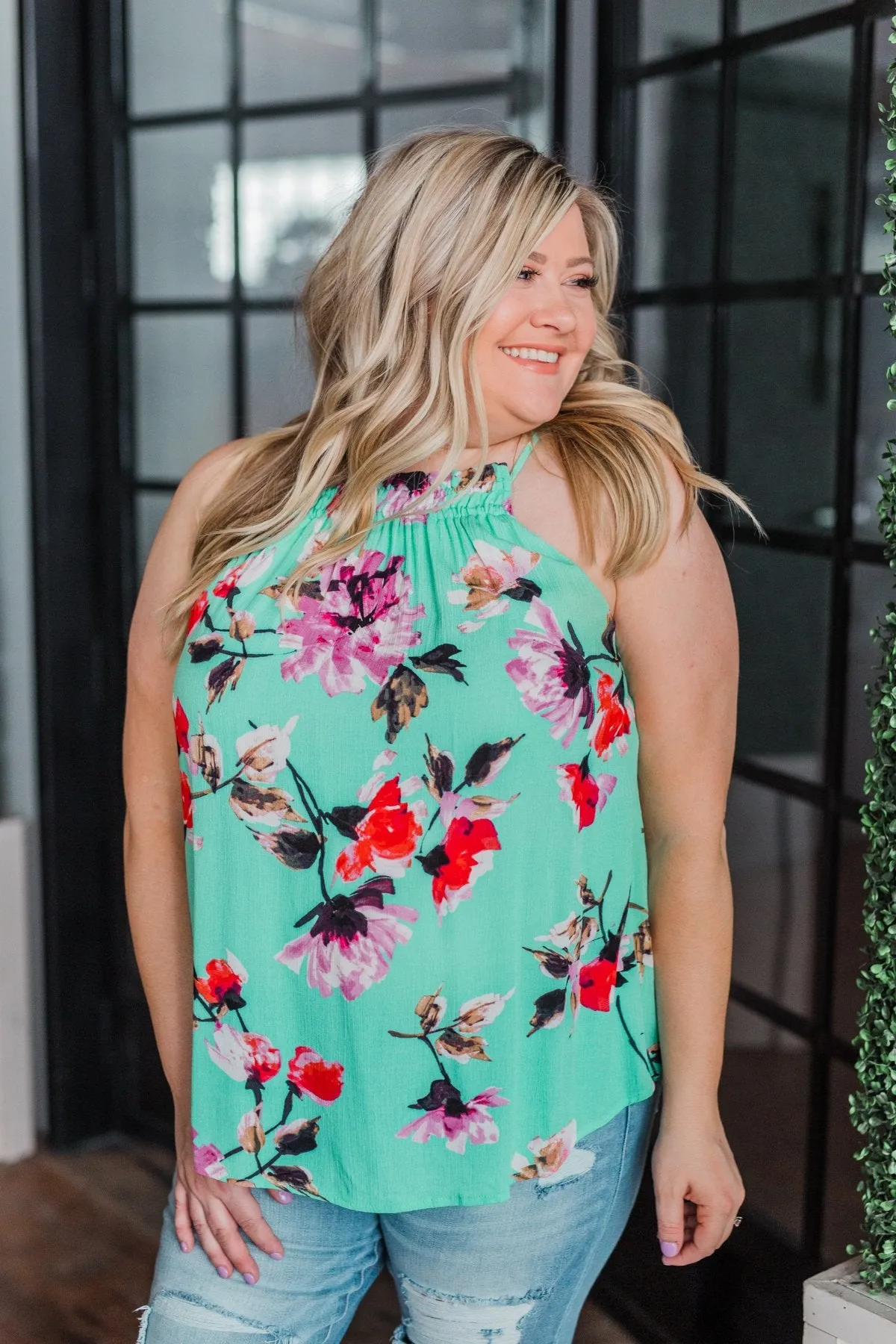 What A Life Floral Tank Top- Mint Blue