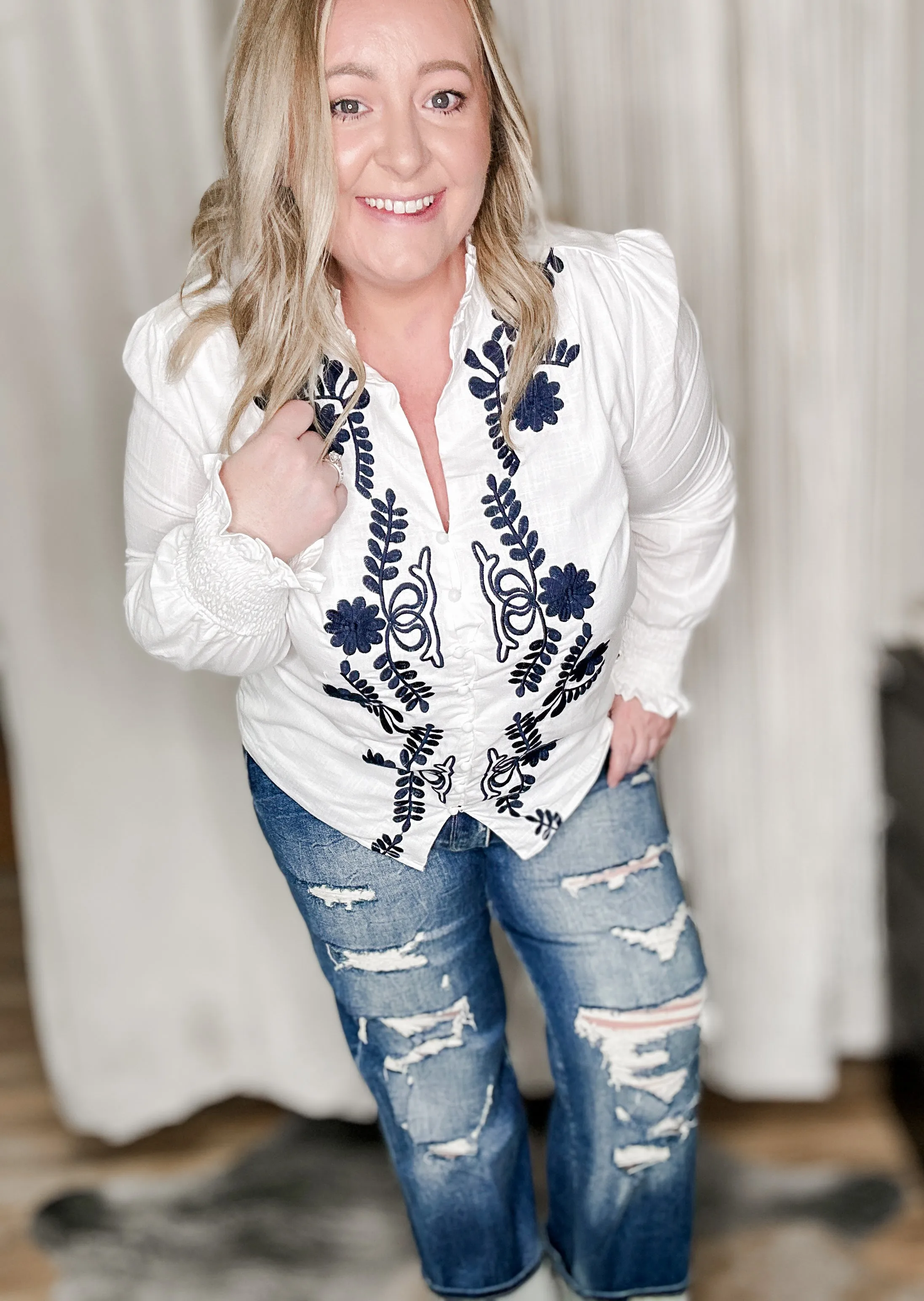 White & Black Embroidered Top