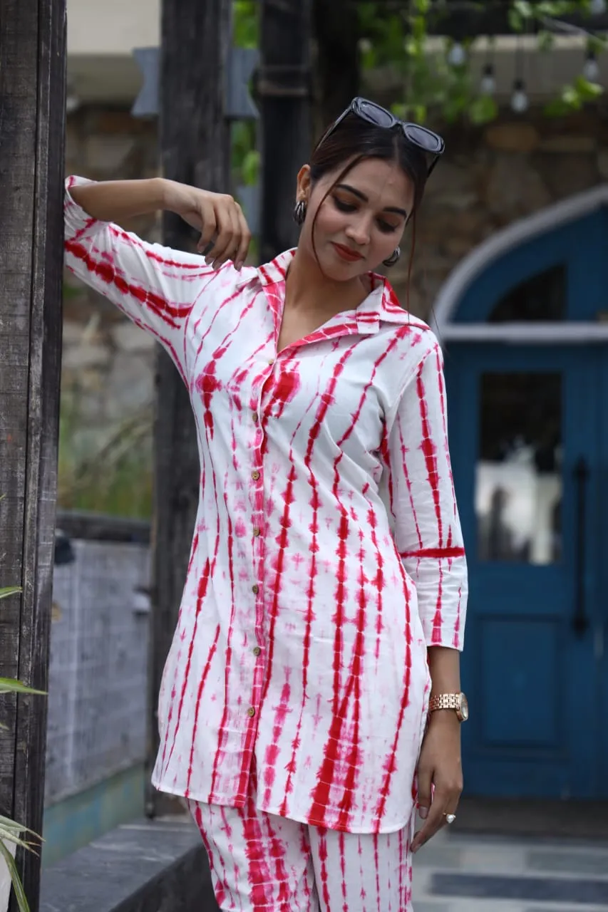 White Red Batik Cord Set In Comfy Cotton