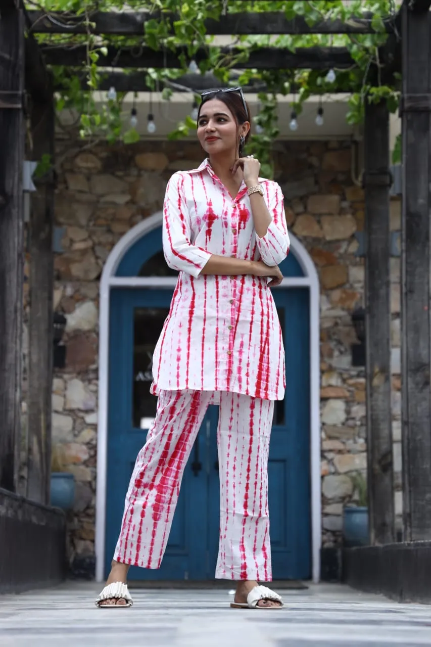 White Red Batik Cord Set In Comfy Cotton