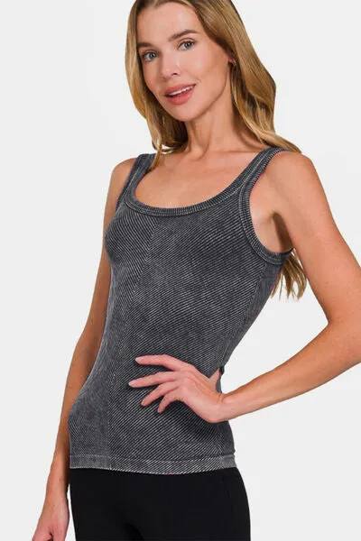 Zenana Ribbed Scoop Neck Tank in Black